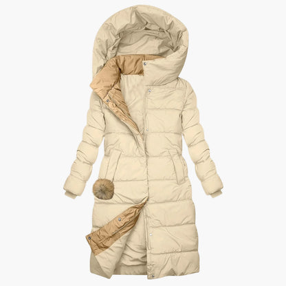 Damen Langer Winter Steppmantel mit Kapuze – Eleganter Kuschel-Parka für Alltag & Freizeit