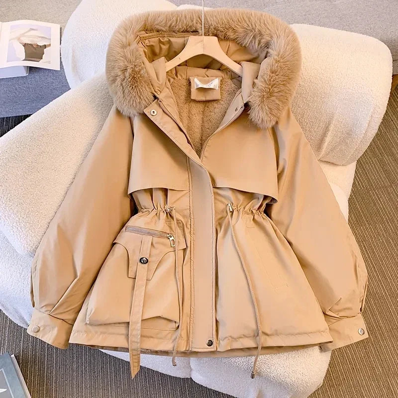 Damen Winterjacke Parka mit Kapuze und Kunstfellbesatz, verstellbare Taille