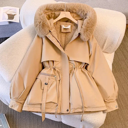 Damen Winterjacke Parka mit Kapuze und Kunstfellbesatz, verstellbare Taille