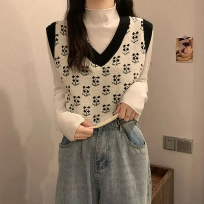 Damen Strickweste mit Blumenmuster V-Ausschnitt, ärmelloser Pullover