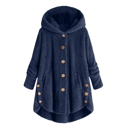 Damen Kuschelige Kapuzenjacke aus Fleece mit Holzknöpfen