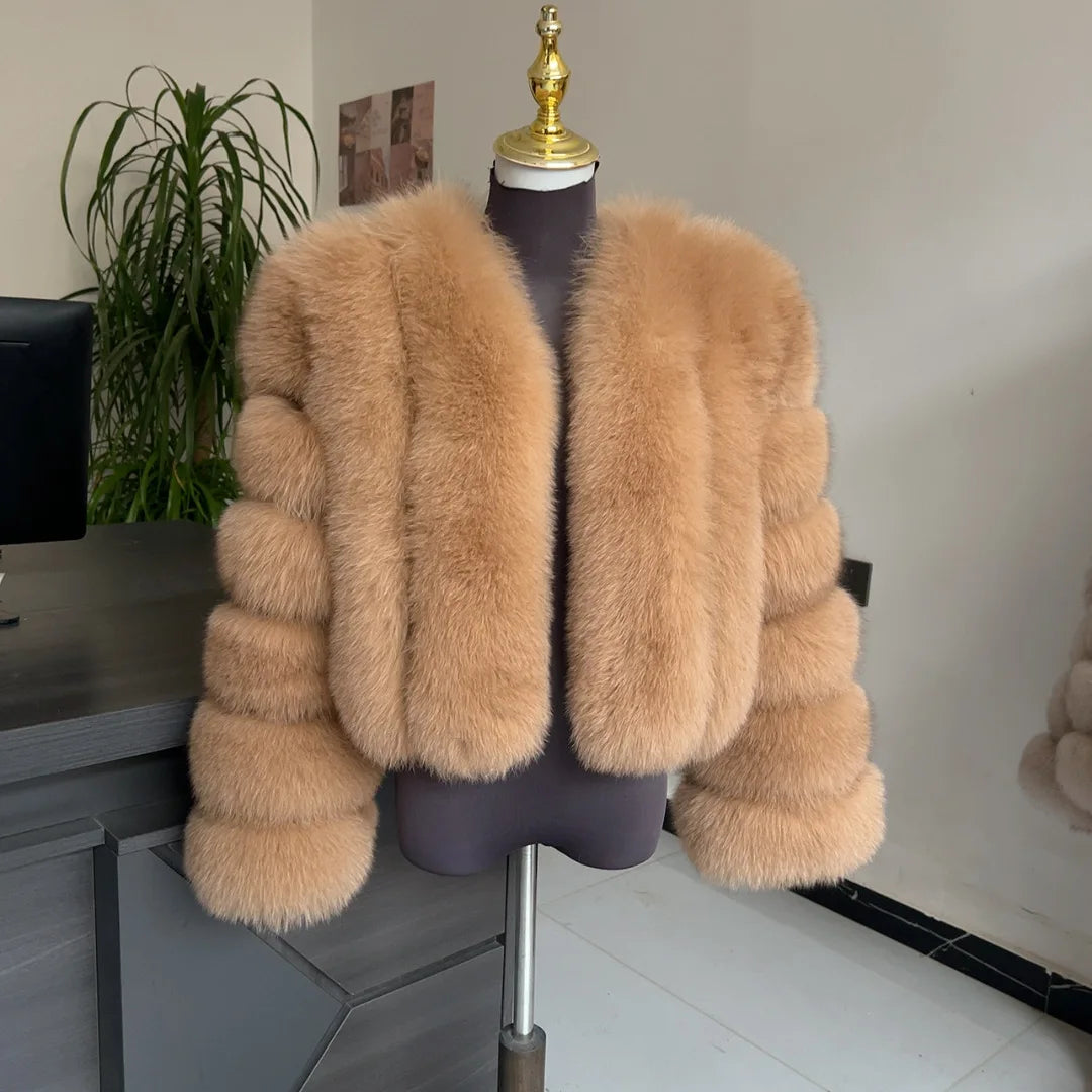 Damen Kurz Kunstpelzjacke Pelzmantel mit V-Ausschnitt