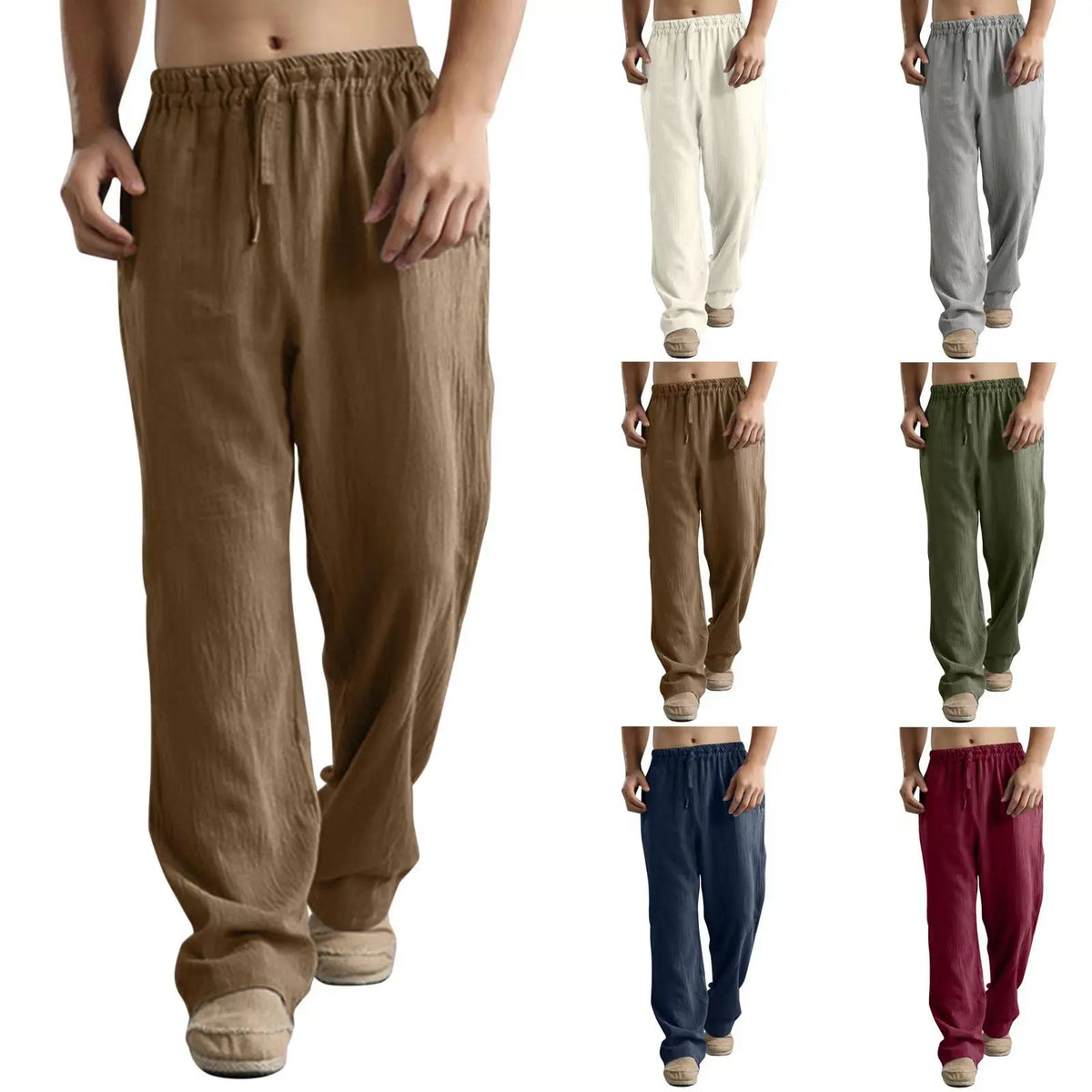 Unisex Leinenhose Weites Bein Beige Elastischer Bund