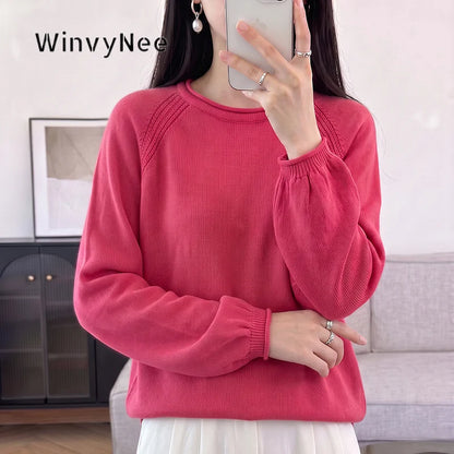 Damen Pullover Rundhals Langarm Strickpullover lockerer Schnitt