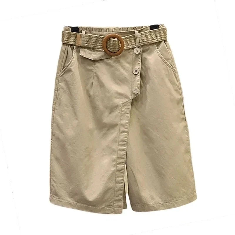 Damen Culottes Shorts mit Wickel-Optik und Gürtel, Knopfleiste, hoher Bund