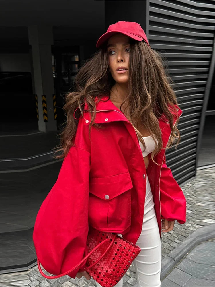 Damen Kurzjacke mit Kapuze und Reißverschluss Rot