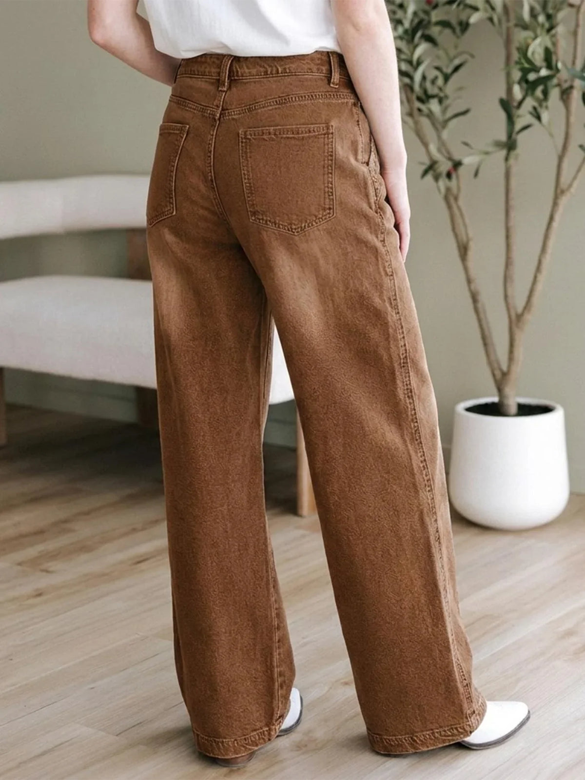 Damen Wide Leg Hose Braun mit hoher Taille und Knöpfen