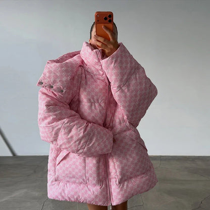 Damen Oversize Steppjacke Gemustert mit Kapuze