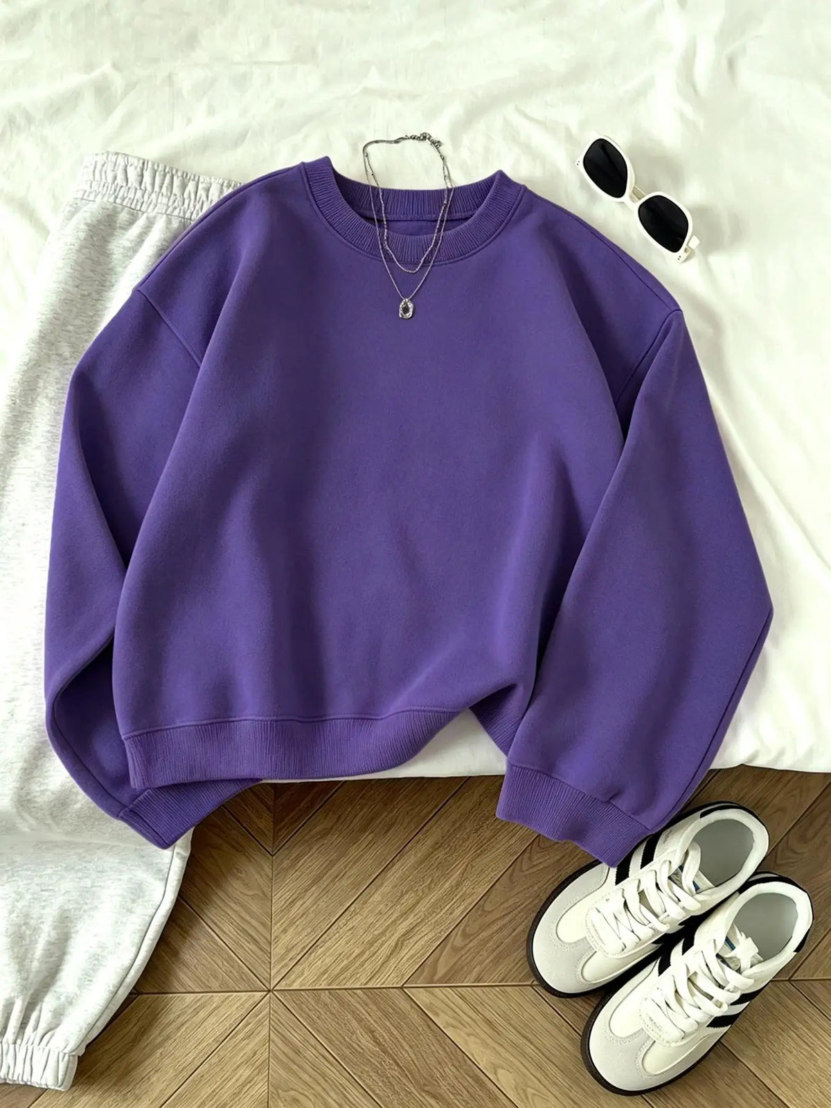 Unisex Basic Rundhals Sweatshirt Langarmshirt Rippbündchen Dunkelgrau