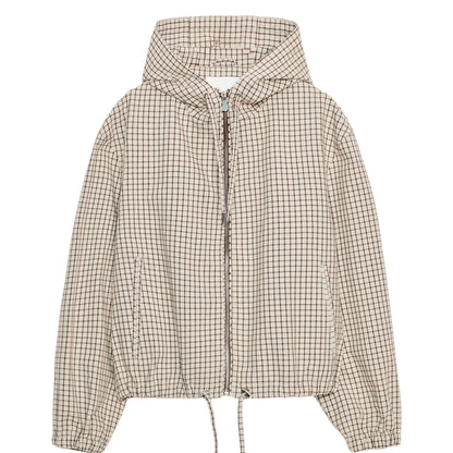 Karierte Jacke mit Kapuze Damen Gittermuster Beige