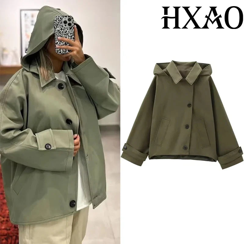 Kurze Jacke mit Kapuze für Damen, lockere Passform, olivgrün