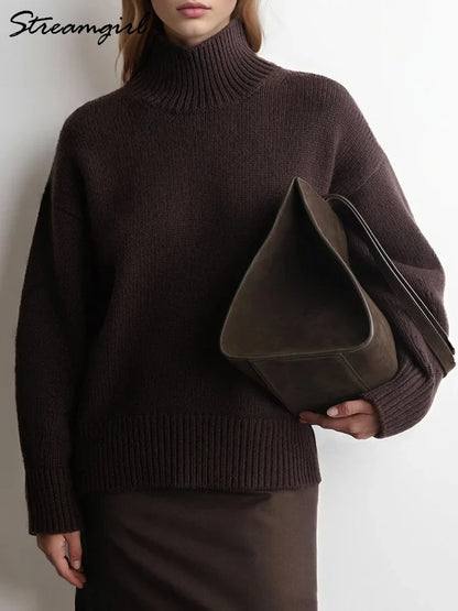 Damen Rollkragenpullover Oversize Strickpullover Lange Ärmel