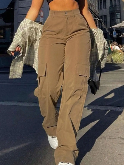 Damen Cargohose Weites Bein Hoher Bund Freizeithose