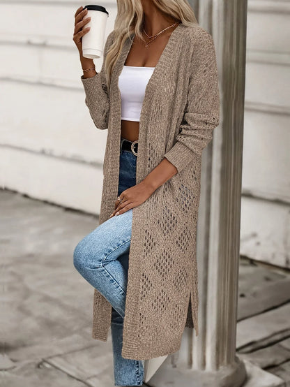Langer Cardigan Damen Strick Hellbraun Lochmuster