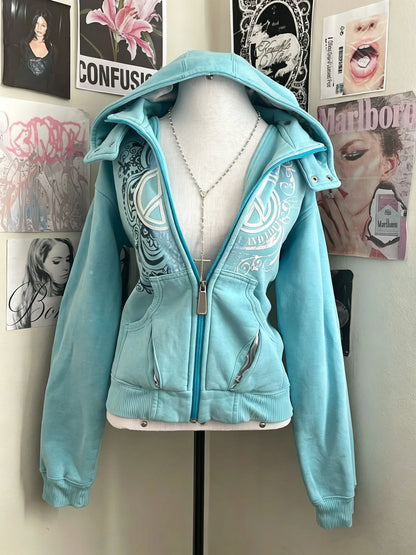 Damen Kapuzenjacke mit Reißverschluss Türkis mit Muster