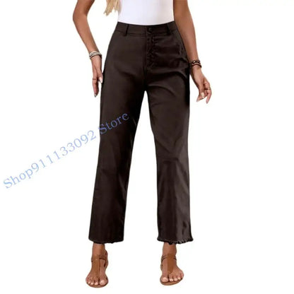 Damen Freizeithose mit hohem Bund und Fransen Saum