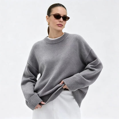 Damen Oversize Rundhals Pullover Langarm Basic Strickpullover