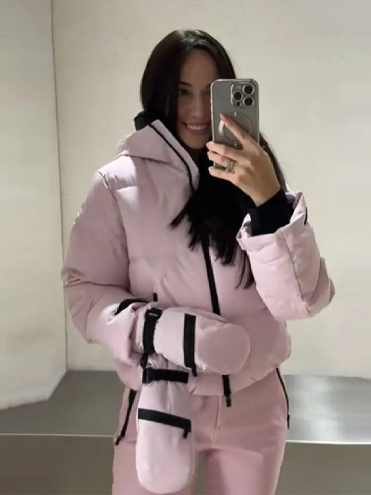 Damen Steppjacke mit Kapuze & Skihose Set Hellrosa