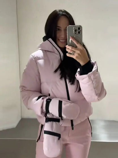 Damen Steppjacke mit Kapuze & Skihose Set Hellrosa