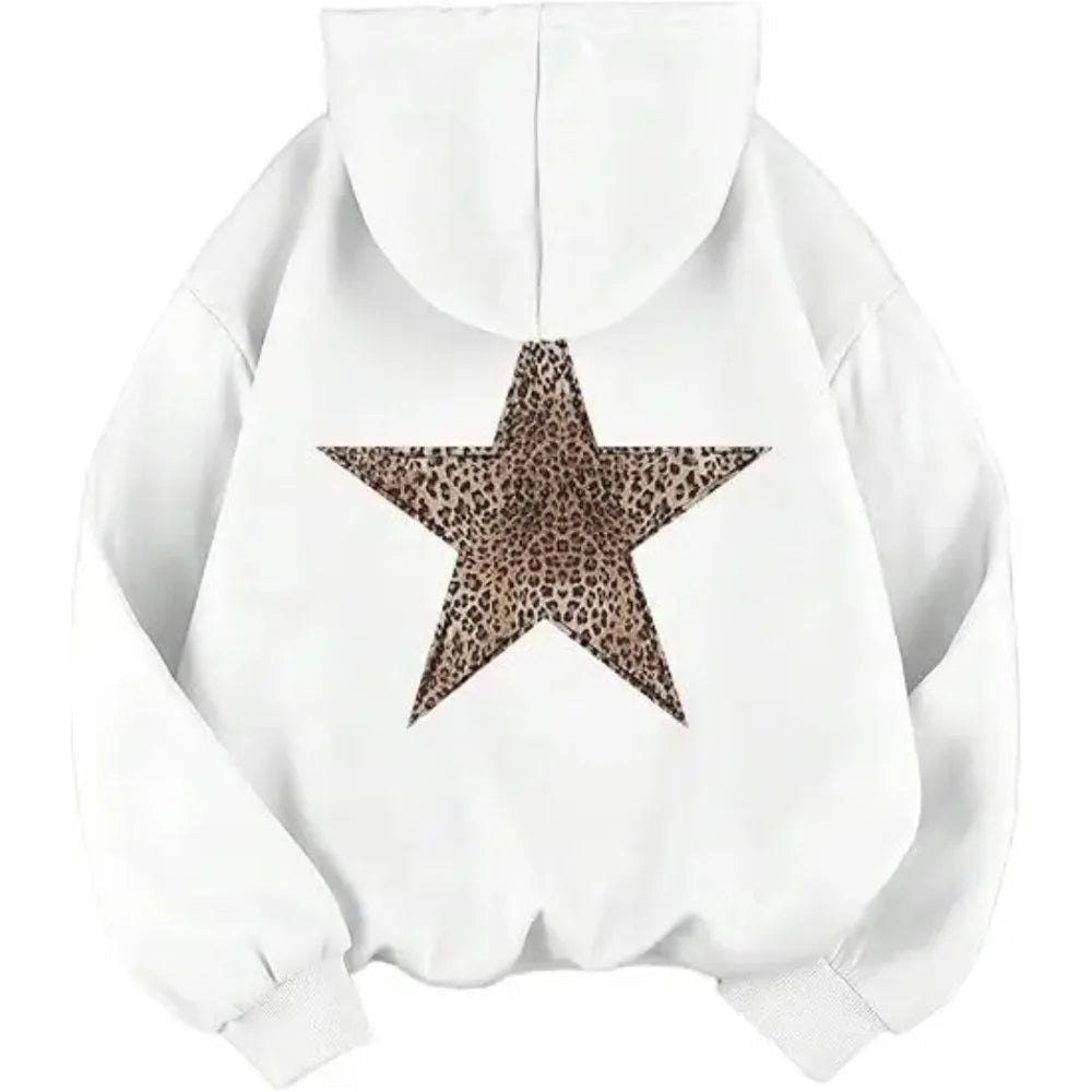 Hoodie Damen mit Leoparden-Stern Aufdruck auf dem Rücken – Oversized Kapuzenpullover