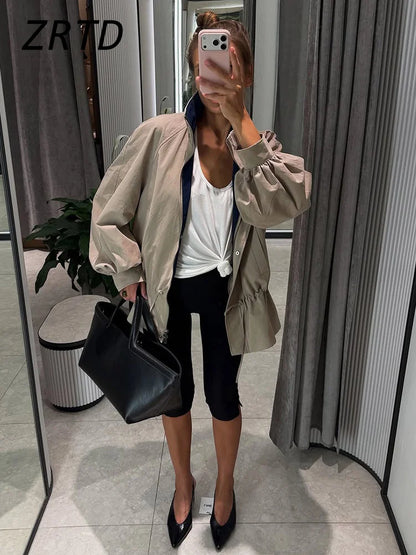Damen Jacke mit Ballonärmeln, Tunnelzug und Stehkragen, Beige