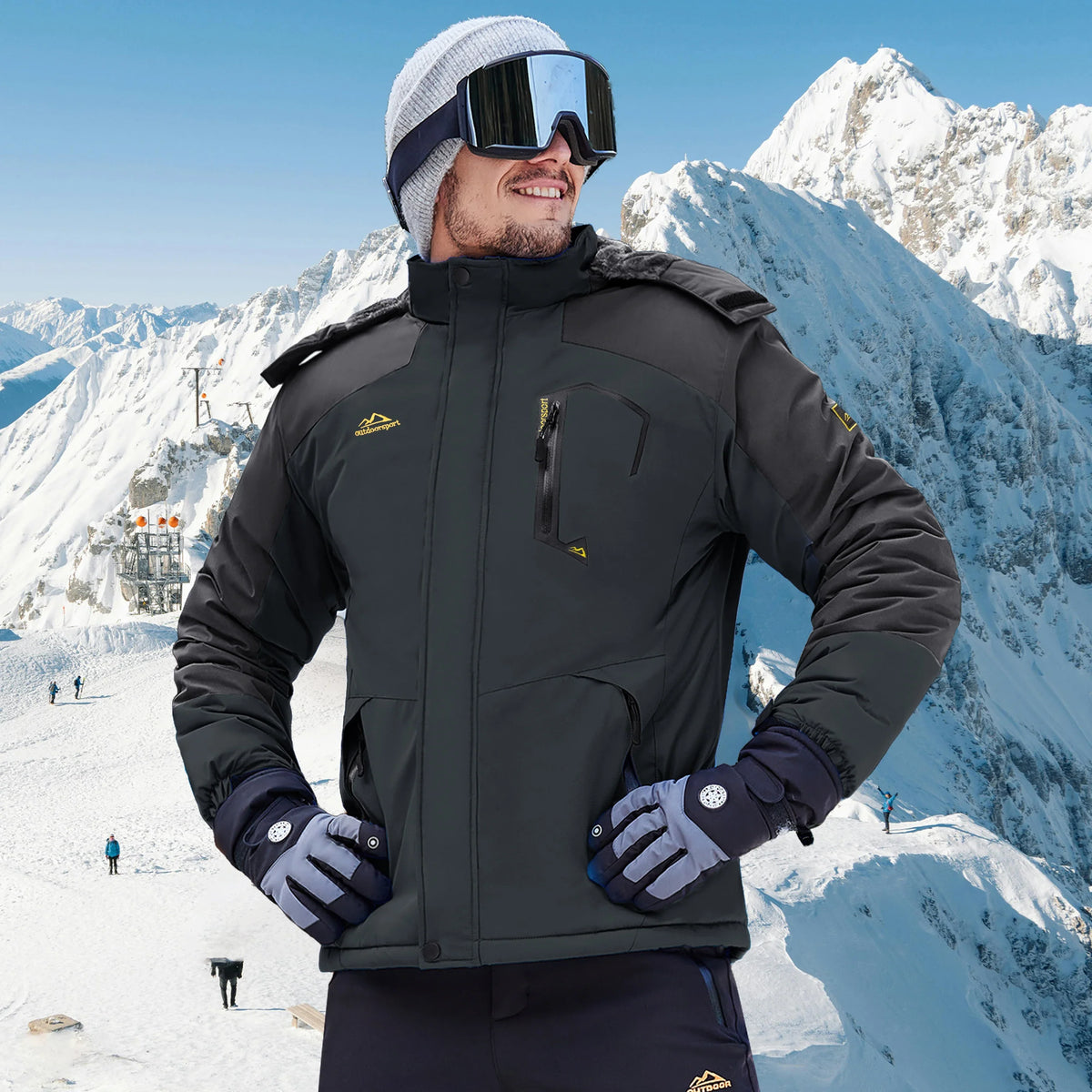 Herren Winterjacke Wasserdicht Skijacke mit Kapuze Outdoor Jacke Warm