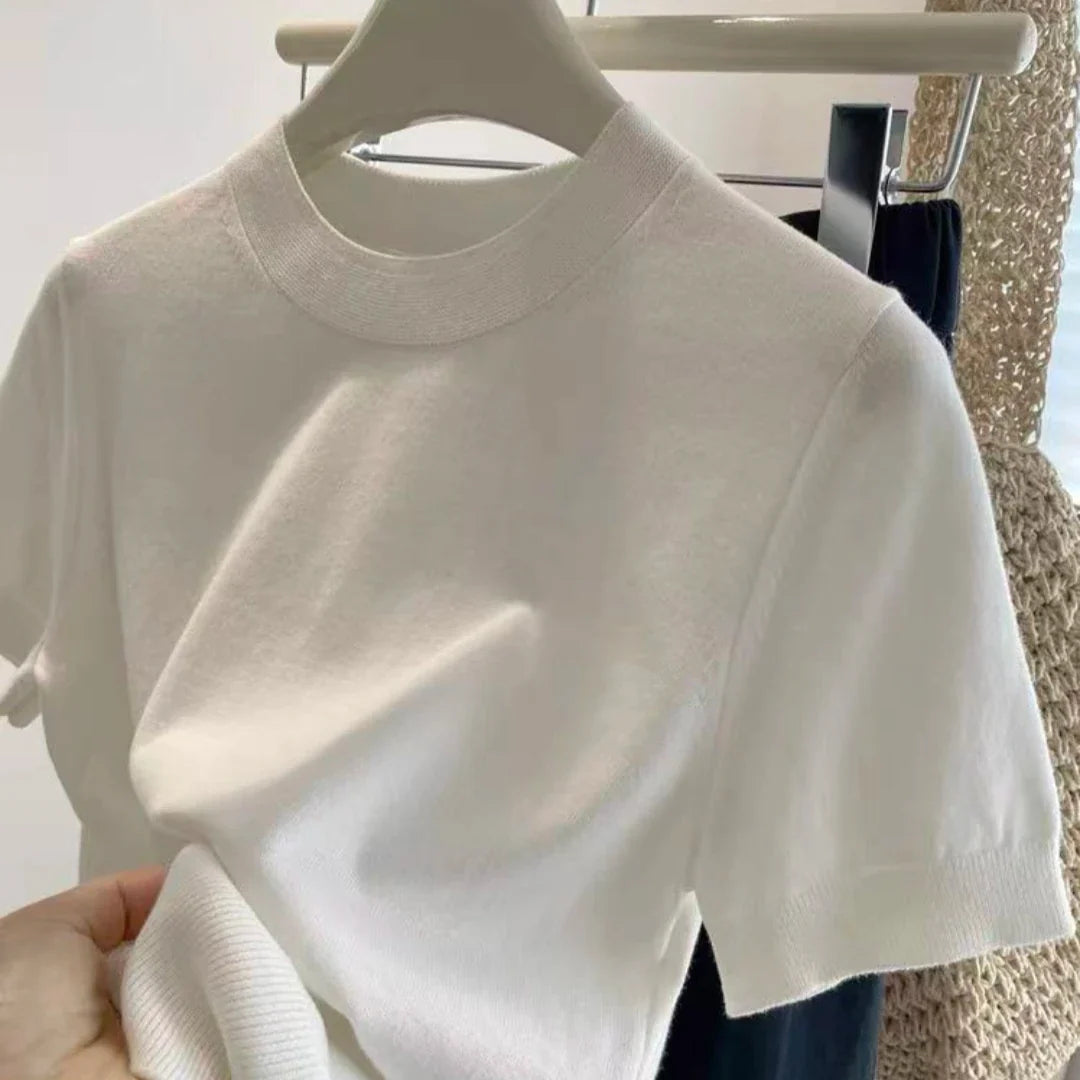 Kurzarm Rundhals Stricktop Damen Gerippter Saum