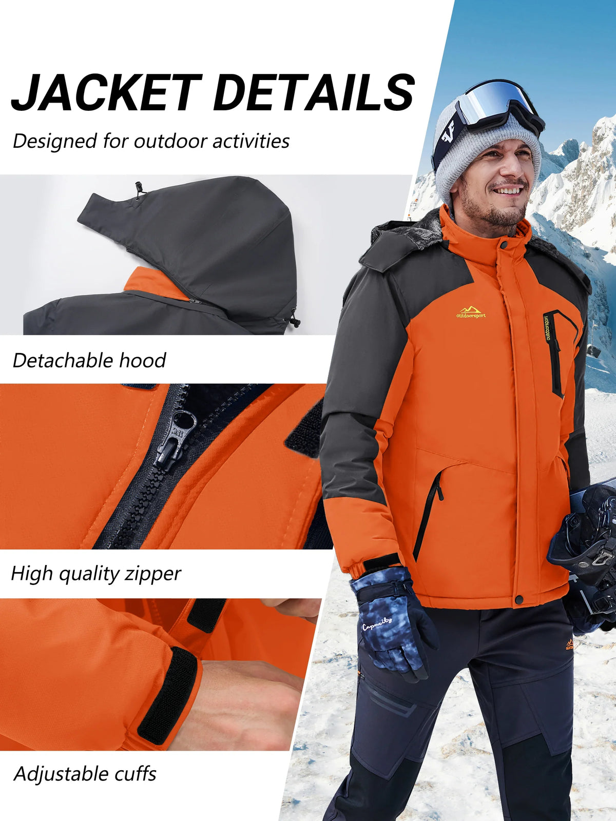 Herren Winterjacke Wasserdicht Skijacke mit Kapuze Outdoor Jacke Warm