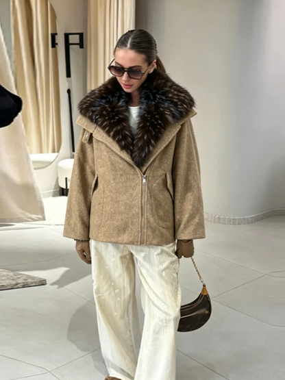 Damen Kurzjacke mit großem Fellkragen Reißverschluss Winter