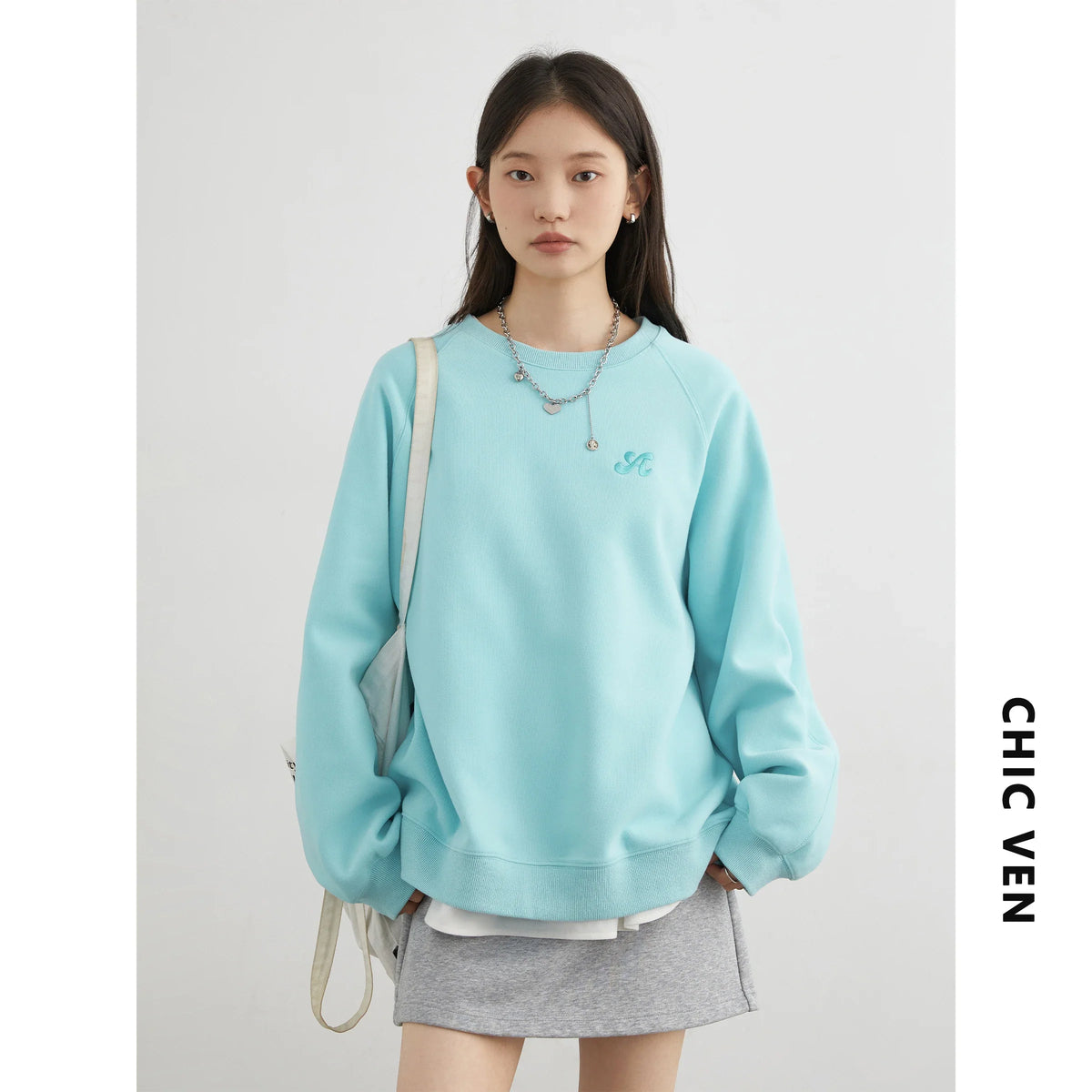 Damen Sweatshirt Rundhals Langarm Bestickt Türkis
