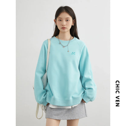 Damen Sweatshirt Rundhals Langarm Bestickt Türkis