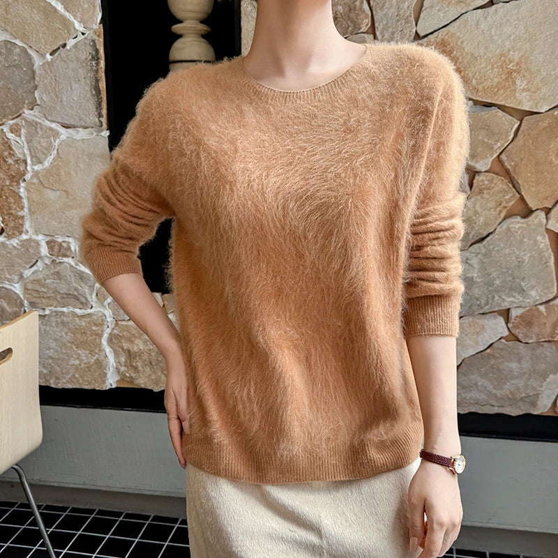 Damen Pullover flauschig weich Rundhalsausschnitt Langarm Strickpullover