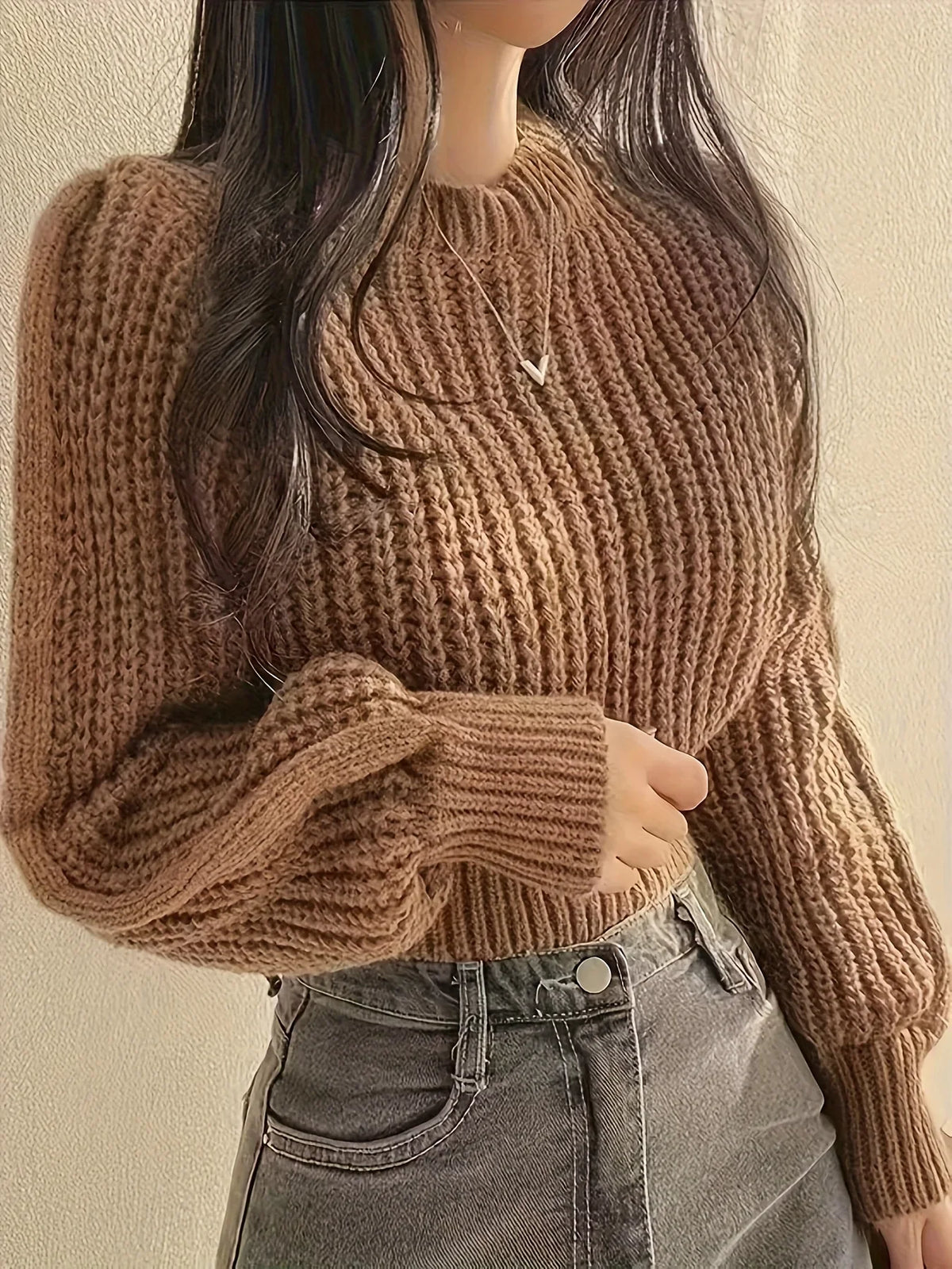 Damen Grobstrick Pullover Cropped Rundhals Lange Ärmel Braun