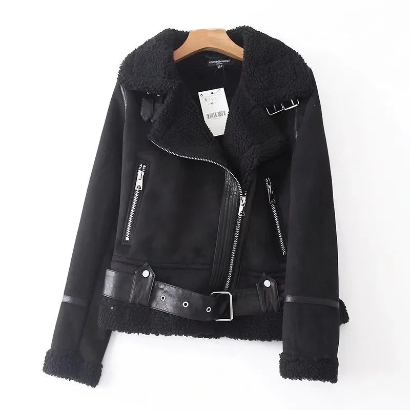 Kurze Bikerjacke mit Reißverschluss und Kunstfellfutter – Damen Fliegerjacke