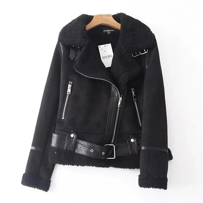 Kurze Bikerjacke mit Reißverschluss und Kunstfellfutter – Damen Fliegerjacke