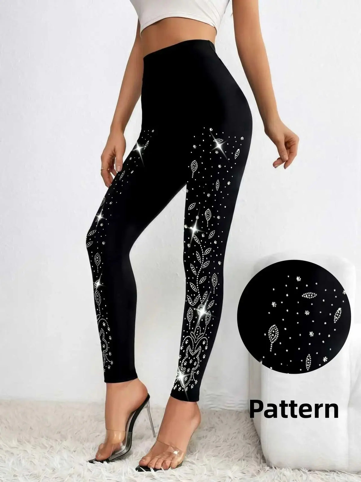 Schwarze Leggings mit Strass-Verzierung, hoher Bund