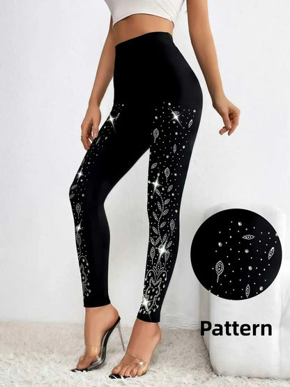 Schwarze Leggings mit Strass-Verzierung, hoher Bund
