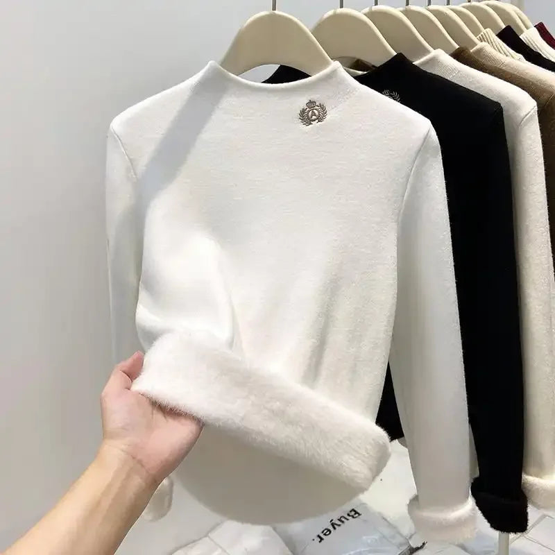 Damen Stehkragen Pullover Plüschfutter Langarm Sweatshirt Fleece Warm