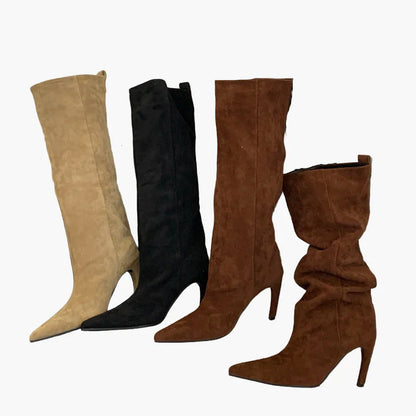 Damen Stiefel mit hohem Absatz und spitzer Zehenpartie – Modische Slouchy Boots für Herbst und Winter