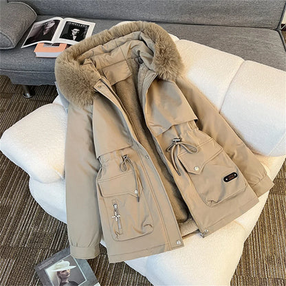 Winterparka Damen mit Kunstfellkapuze und Kordelzug in der Taille