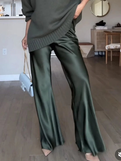 Damen Satin Hose Weites Bein – Dunkelgrün