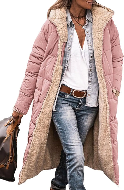 Damen Steppmantel Lang Winter Daunen-Optik mit Teddyfutter Kapuze