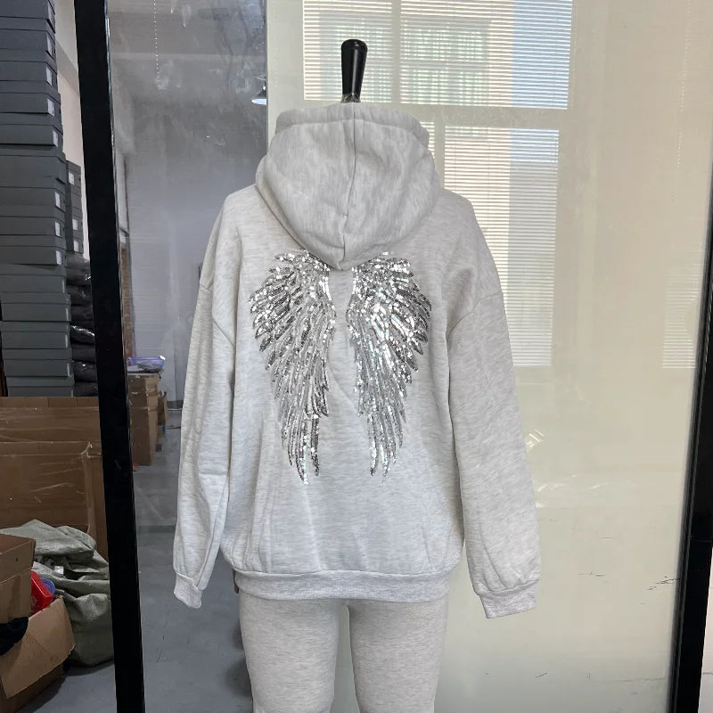 Glitzer Flügel Hoodie Damen Kapuzenpullover
