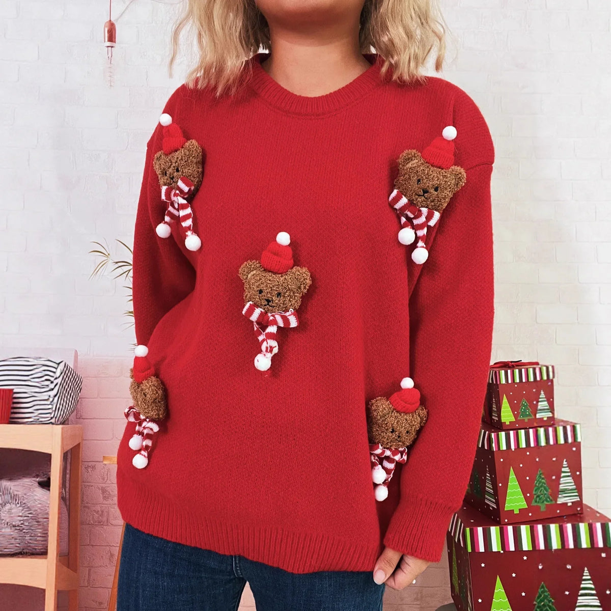 Damen Weihnachtspullover Strick Teddybär Applikationen Rundhals Rot