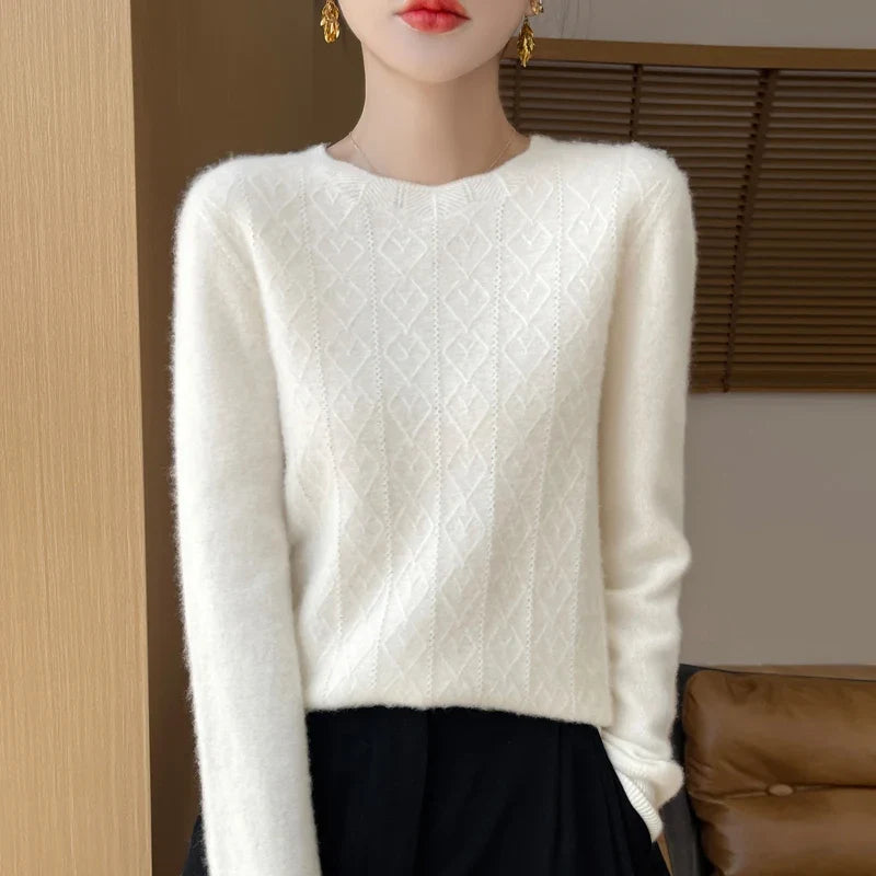 Damen Langarm Pullover mit Rautenmuster, Rundhals, Weiches Material