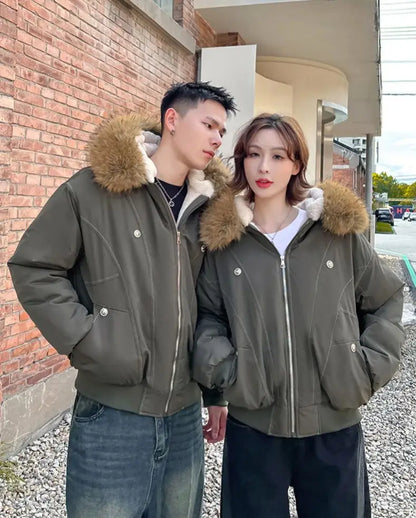 Damen Bomberjacke mit Kapuze und Fellimitat Futter - Warm Gefütterte Winterjacke
