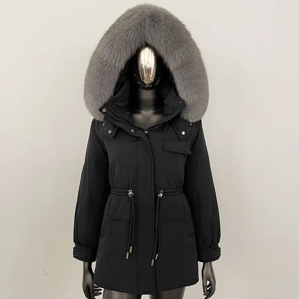 Damen Winter Parka mit Kapuze und Fellkragen Tunnelzug Weiß