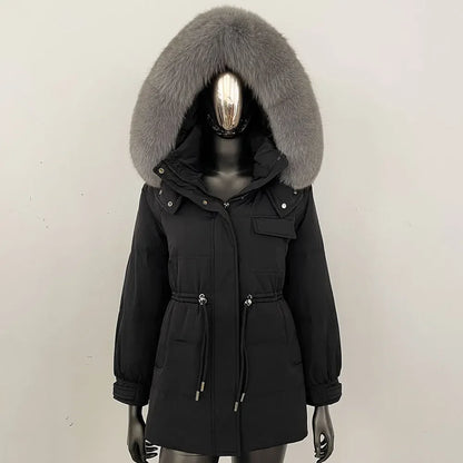 Damen Winter Parka mit Kapuze und Fellkragen Tunnelzug Weiß