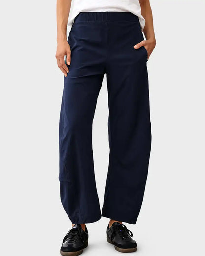 Damen Freizeithose Weites Bein Elastischer Bund Bequeme Stoffhose