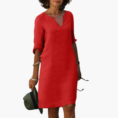 Damen Kleid mit V-Ausschnitt und 3/4-Ärmeln – Eleganter Freizeit- und Büro-Look